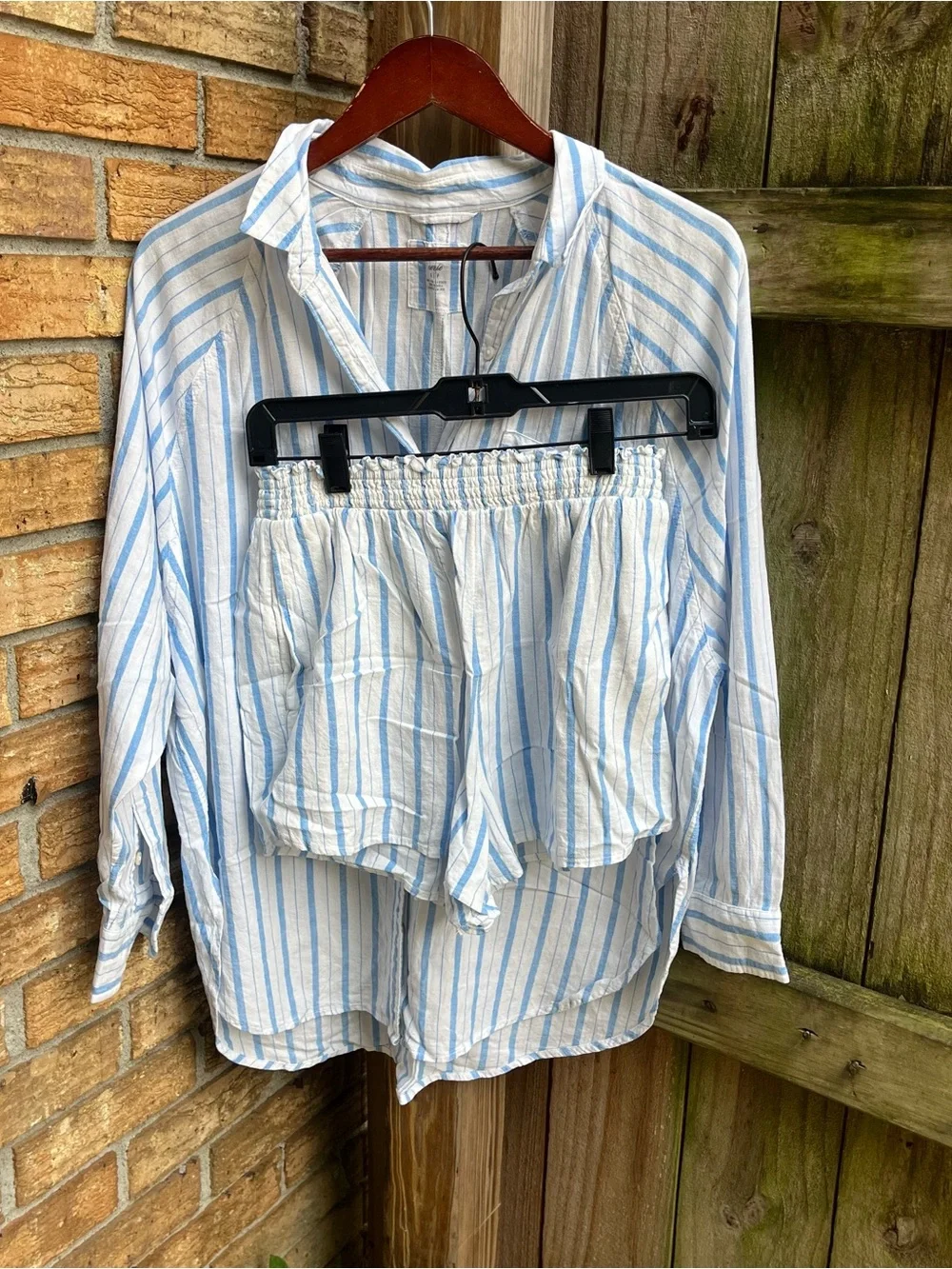 Aerie Linen Blend Blue and White Striped Button-Down and Shorts Set